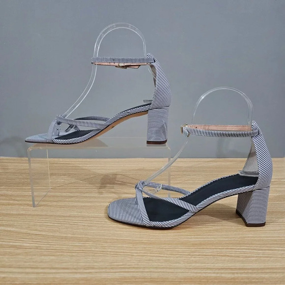 J Crew Sandal Cross Strap Block Heel Blue White Stripe Shoe Womens Size 7 - Picture 2 of 13